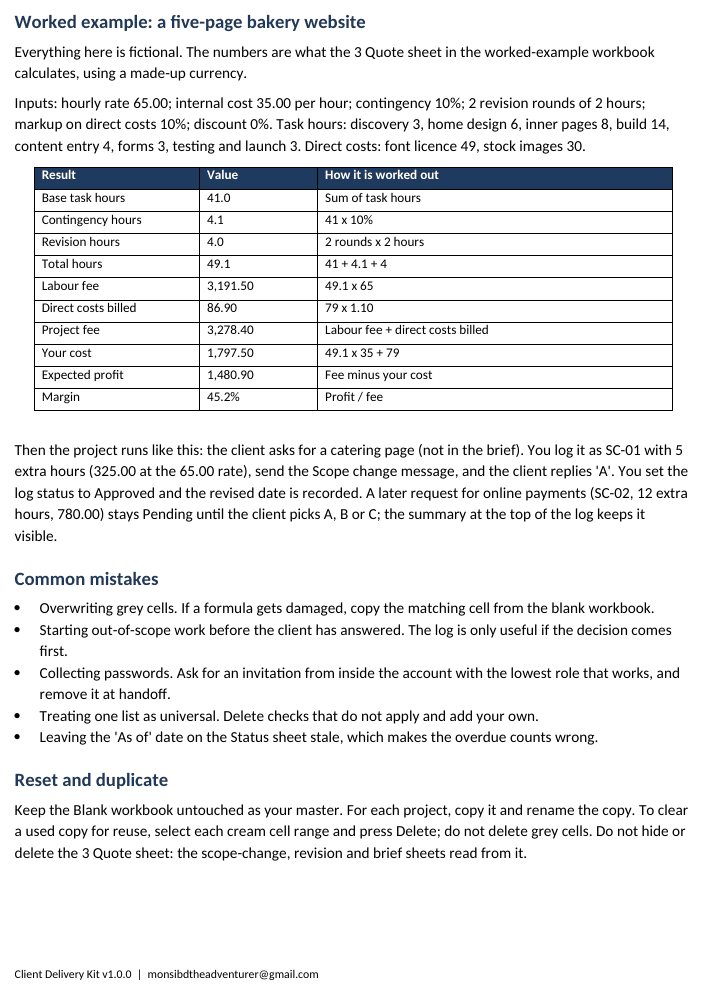 Quick-start guide page showing the worked bakery example: a table of hours and fees with how each is calculated.